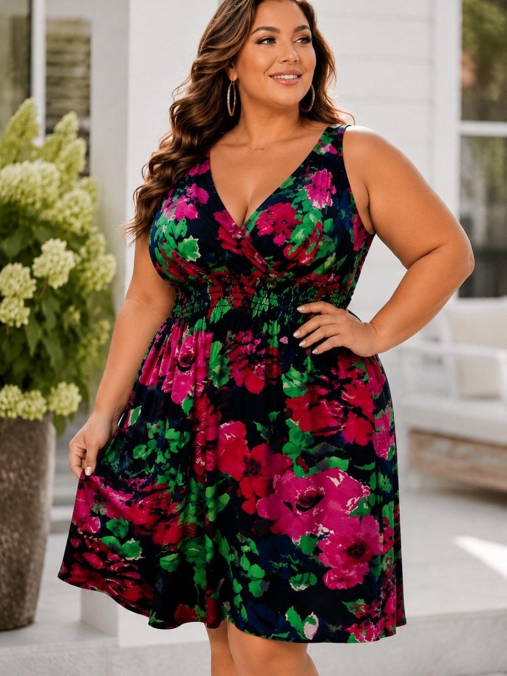 Penningtons Floral V-Neck  Dress Plus 3X Pink Green Black   Summer Wedding Party